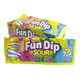 24 Fun Dip Sour packs, vibrant red Strawberry, green Watermelon, and colorful Mystery powdered candy with dipping sticks.