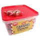 Goetze's Caramel Creams Vanilla, 100 piece 2.5lb tub. Chewy brown caramel outside, creamy white vanilla bullseye candy.