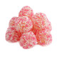 Pink Nonpareil Gummy Berries, sweet strawberry flavor, covered in pink and pearly white nonpareils, approx. 100 per pound.