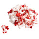 Creepy bone-shaped Halloween candy, approximately 350 white pieces with red blood spatters per pound, tart flavor.