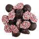 Reppert Valentine dark chocolate nonpareils, approx. 130 discs per pound, with red, pink, white sprinkles. USA made.