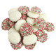 Christmas white chocolate discs, red, green, white nonpareils. Festive holiday candy, approx 130 pieces per lb. Made in USA.