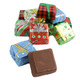 Small 1-inch chocolate Christmas presents, individually wrapped in festive foils. Creamy brown candy, approximately 48 per pound.