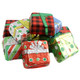 Smooth, creamy chocolate Christmas presents, individually wrapped in red, green, gold festive foil, 1-inch candies, approx. 48 per pound.