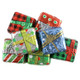 Pile of 1-inch chocolate Christmas present candies, individually wrapped in festive foils. Smooth brown Palmer chocolates, 48 per pound.
