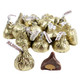 Gold Hershey's Kisses with Almonds, wrapped in shiny gold foil, milk chocolate, crunchy texture, approx 90 per pound.