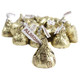 Gold Hershey's Kisses with Almonds, wrapped in shiny gold foil, milk chocolate, crunchy texture, approx 90 per pound.