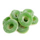 Bright green and white Apple Gummy Rings, approx 55 pieces per pound. Soft, chewy sweet apple flavored candy.