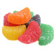 Rainbow assorted fruit slices candy, chewy lemon orange grape cherry lime flavors, approx 32 colorful fruit shapes per pound.