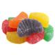 Vibrant rainbow bulk fruit slices candy, unwrapped, chewy, 32 per pound, resembling lemon, orange, grape, cherry, lime.
