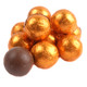 Bright orange foil wrapped solid milk chocolate balls, approx 60 per pound, 3/4 inch diameter.