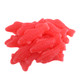 Bright red sour gummy fish candy coated with a sugary texture, shown in a pile.