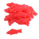 Sour red gummy fish candy, sugar-coated, mouth-puckering chewy fish-shaped sweets.