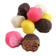 Assorted Coconut Bon Bons, bite-sized, with creamy white, pink, yellow, and brown fondant. Approx 35 per pound.