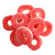 Vibrant red, sanded strawberry gummy rings, chewy, 57 pieces per pound, delicious bulk candy treat.
