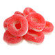 Bright red, sanded strawberry gummy rings, approximately 57 per pound, 1.25 inch diameter.