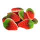 Bright red, strawberry-shaped gummy candies with green stems and fluffy cream. Approx. 75 Gummy Strawberries and Cream per pound.