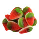Bright red strawberry shaped Gummy Strawberries and Cream candy with green stems, fluffy cream. Approx. 75 per pound.