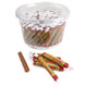 Long Boys coconut caramel candy tub, 130 individually wrapped fun-size pieces. Creamy light brown with white coconut flakes.