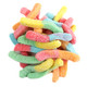 Land of the Gummies sour gummy worms, unwrapped, vibrant red, yellow, blue, pink, orange, green rainbow colors.