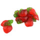 Bright red, realistic strawberry shaped gummies with green tops. Sweet strawberry flavor, many per pound.
