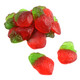 Bright red, realistic, strawberry shaped gummy candies with green tops. 72 Strawberry Gummies per pound.