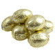 Shiny gold foil wrapped, individual milk chocolate flavored candy eggs, approx 80 pieces per pound.
