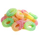 Efrutti Apple Trio Gummy Rings, sweet & sour, sugar-coated. Green, yellow, & red chewy apple-flavored candy rings.