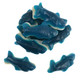 Gummy sharks, vibrant blue raspberry flavor, white marshmallow foam bottoms, perfect sweet candy.