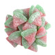 Sweet, firm gummy watermelon slices, red and green, coated in sparkling sugar crystals. Approx. 90 per pound.
