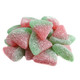 Firm sweet gummy watermelon slices, bite-sized, red and green, covered in sugar crystals. Approx 90 firm slices per pound.