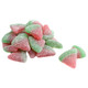 Sweet gummy watermelon slices, red, green, white, firm texture, covered in sugar crystals. Approximately 90 per pound.