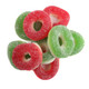Gummy Christmas Wreaths, apple and cherry gummy rings, bright red, green, white. Approx 55 soft chewy pieces per pound.