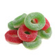 Red, green, white apple and cherry gummy Christmas wreaths, soft chewy rings, approx 55 pieces per pound.
