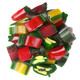 Vibrant Fini Fruit Mania licorice candy, over 100 colorful pieces per pound. Apple, watermelon, strawberry shapes.