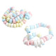 Unwrapped pastel candy necklaces on elastic bands. Approximately 20 colorful necklaces per pound.