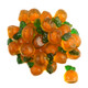 Vibrant orange 3D gummy candies, realistic orange shapes, bursting with juicy orange flavor.