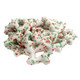 Christmas tree-shaped pretzels, white yogurt coated, red and green sugar sprinkles. A festive holiday candy treat.
