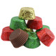 RM Palmer Christmas Peanut Butter Cups, approx 40 per lb, red, green, gold foil wrapped. Creamy peanut butter, rich milk chocolate.