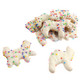 Thick white yogurt coating on animal crackers, topped with colorful rainbow nonpareils candy beads.
