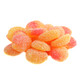 Sour Patch Kids Peaches, bright orange gummy candy, peach-shaped with sour crystals, tangy and fruity.