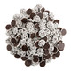 Many mini dark chocolate nonpareils, bite-sized candy, dark chocolate with white sprinkles.