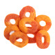 Spicy red Chamoy Watermelon Gummy Rings, coated in chili powder. Sweet Mexican candy, approximately 50 per pound.