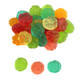 Vibrant, pastel gummy flowers in detailed shapes, unwrapped bulk, featuring peach, orange, strawberry, cherry, apple, raspberry colors.