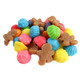 Festive Gingerbread Gummy Mix, colorful gingerbread men and gumdrops in blue, purple, yellow, orange, red, green.