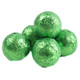 Shiny green foil double chocolate balls, individually wrapped, rich and creamy chocolate, approx 35 per pound.