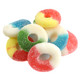 Colorful assorted gummy rings mix, approx. 64 pieces per pound. Green apple, blue raspberry, peach, watermelon flavors.