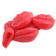 Red and pink, strawberry flavored gummy lips, filled with sweet goodness. Valentine's Day candy, approx 35 per pound.