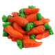 Bright orange, orange flavored gummy carrots, approx 1.5 inches long, 60 per lb, for Easter baskets.