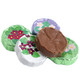 Violet Chocolate Flowers, approx 55 per pound, pure milk chocolates, bright foil wrapped, pastel violet design.